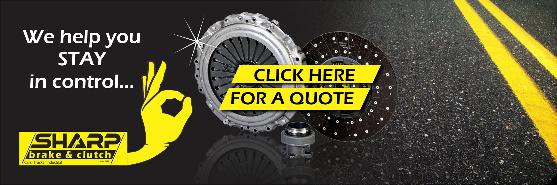 Sharp Brake & Clutch advertisement with a clutch kit and text 'We help you stay in control... Click here for a quote.'